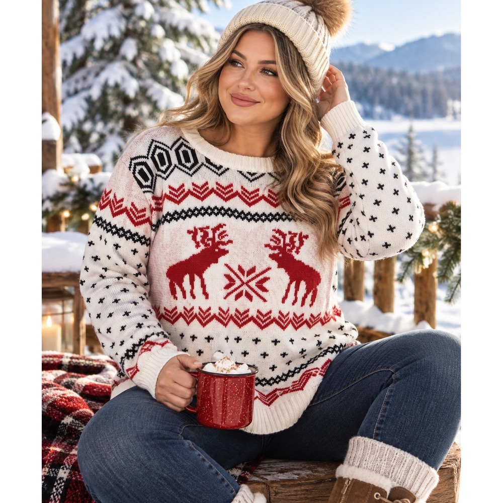 V28 XXL Ugly Christmas Sweater Moose Reindeer Fair Isle Cream